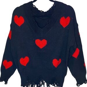 Frayed Heart Distressed Knit Sweater Sz M